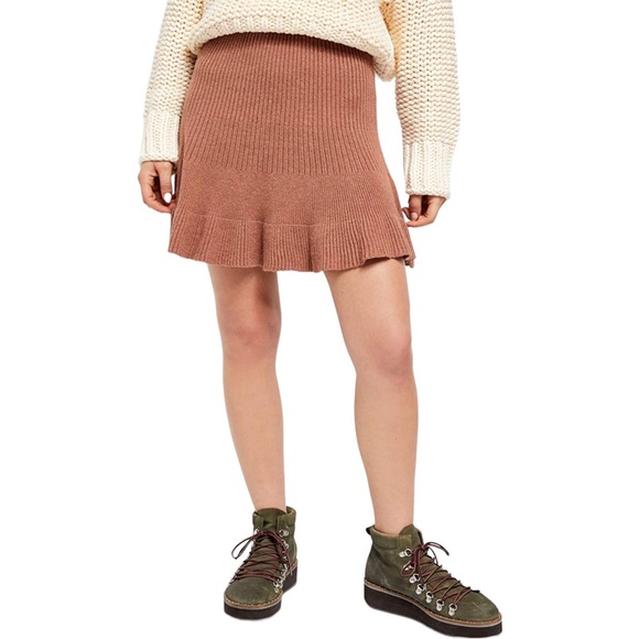 NWT Free People Solid Gold Ribbed Ruffle Trim Skirt - Picture 4 of 9